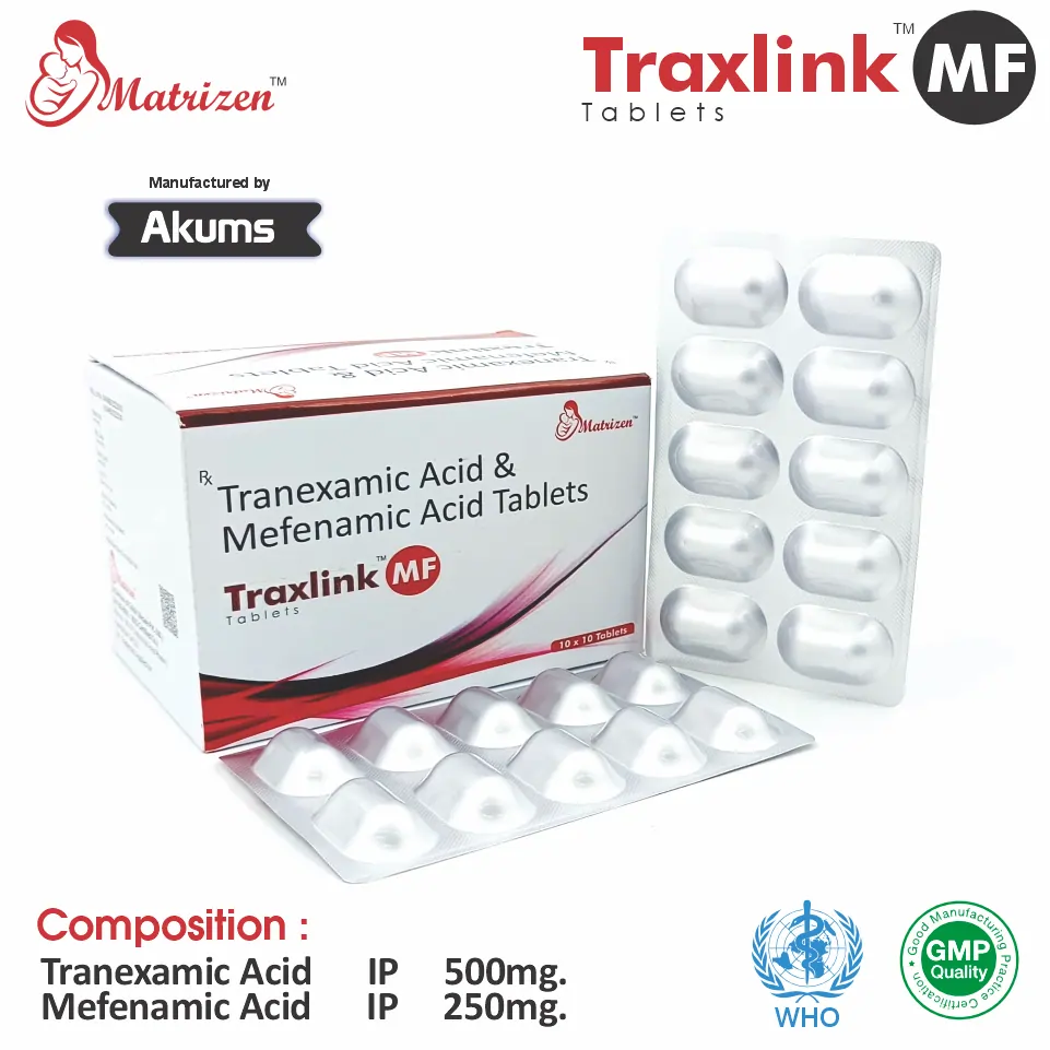 Tranexamic Acid 500mg + Mefenamic Acid 250mg Tablet at the best price in PCD Pharma Franchise for Pain Relief and Bleeding Control.